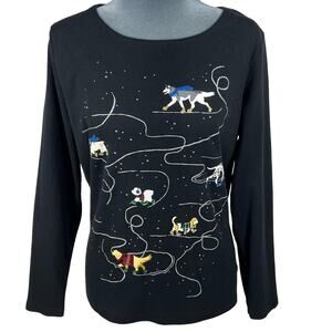 Ice Skating Dogs T-Shirt Sz Large Black Silver L/S Whimsigoth Holiday Novelty